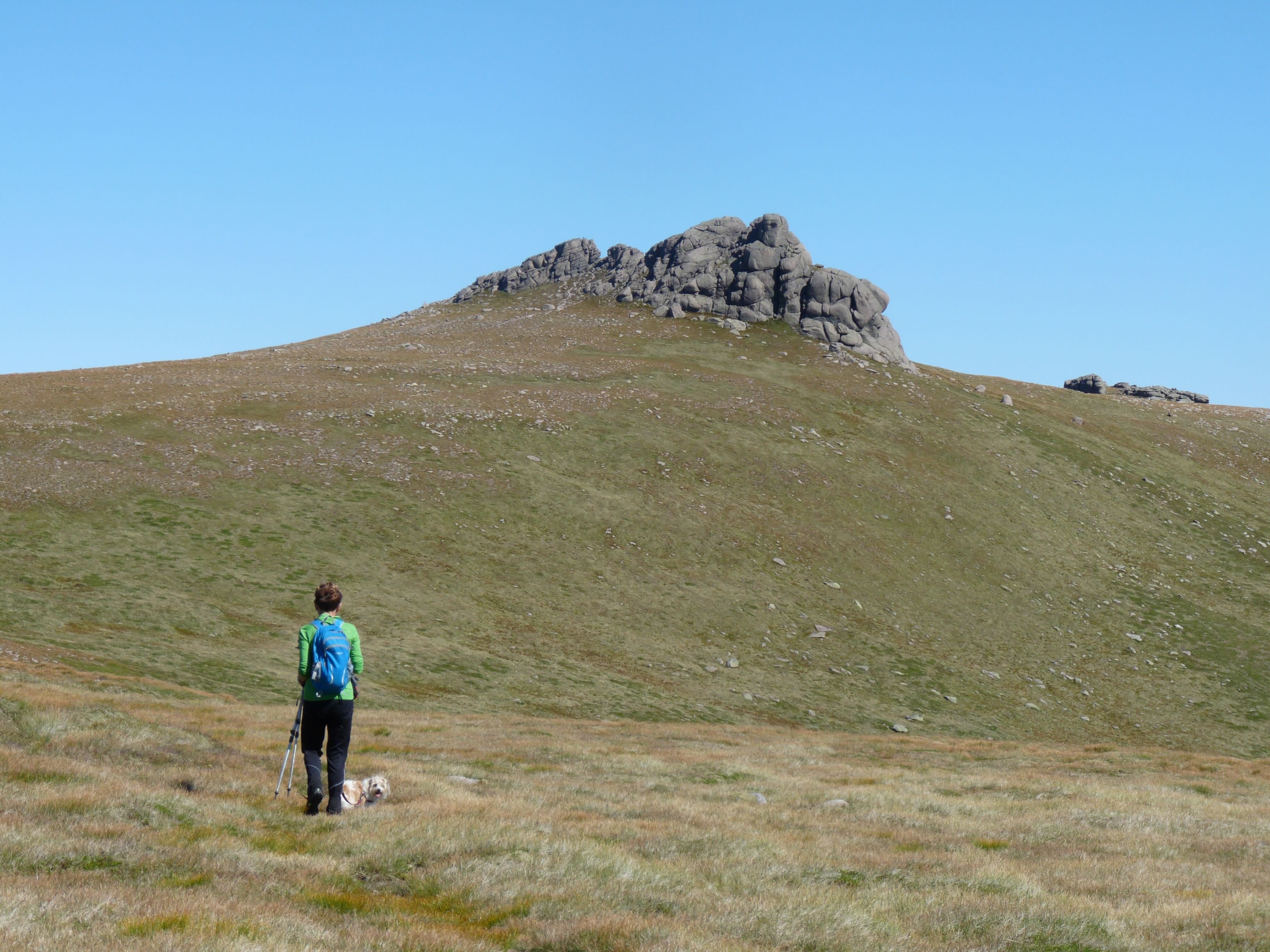 Caroline and Shinty approaching Ben Avon - a final Munro